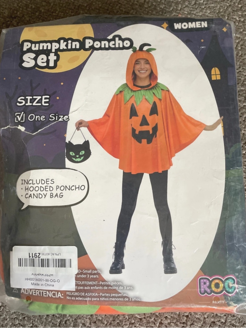 Women's Orange Pumpkin Poncho Set - Hooded Costume with Candy Bag